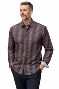 Man wearing a patterned brown shirt with rolled-up sleeves on a white background