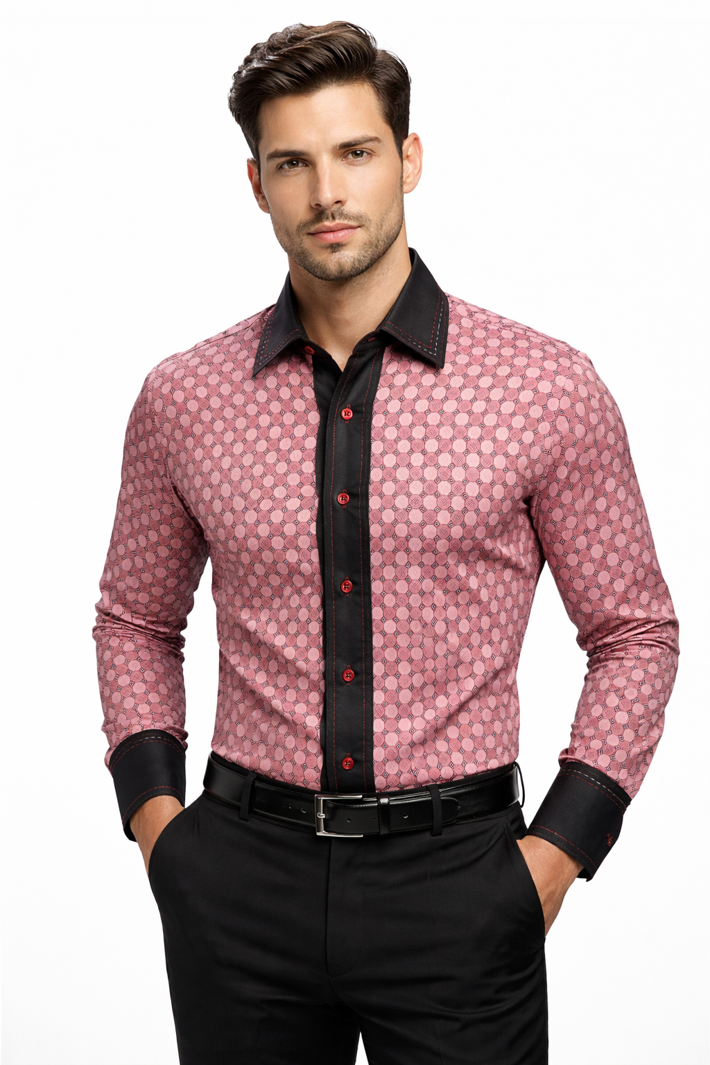 Man wearing a pink dress shirt with black collar and cuffs on a white background
