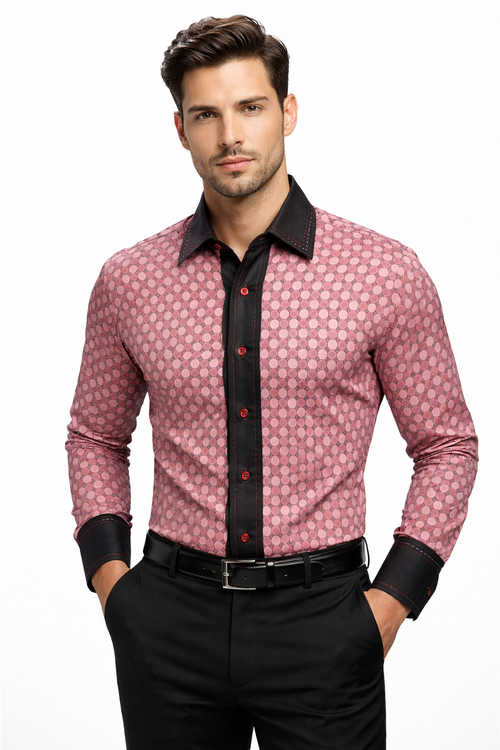 Man wearing a pink dress shirt with black collar and cuffs on a white background