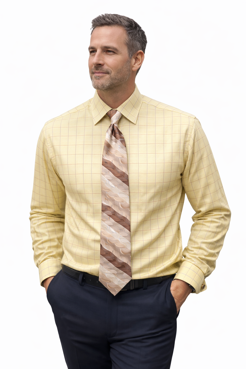 Man wearing a yellow checkered shirt with a brown striped tie on a white background