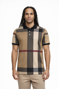 Man wearing a checkered polo shirt with a white background