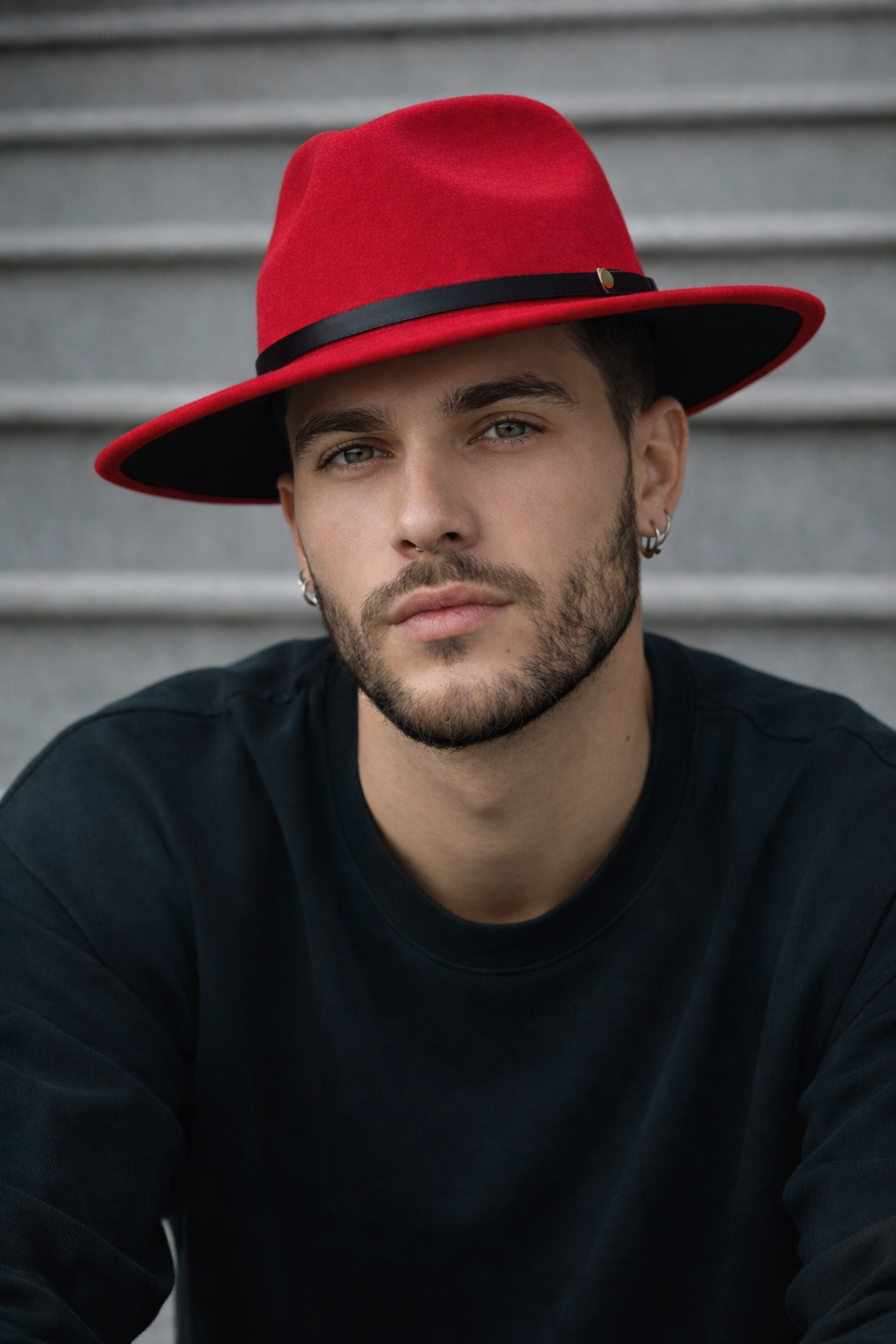 Man wearing a red hat and black shirt against a gray background