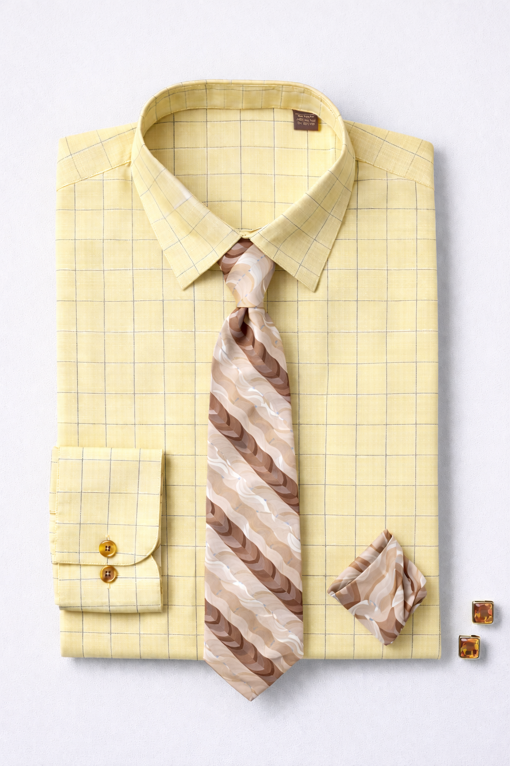 Yellow checkered shirt with a patterned tie and pocket square on a light gray background