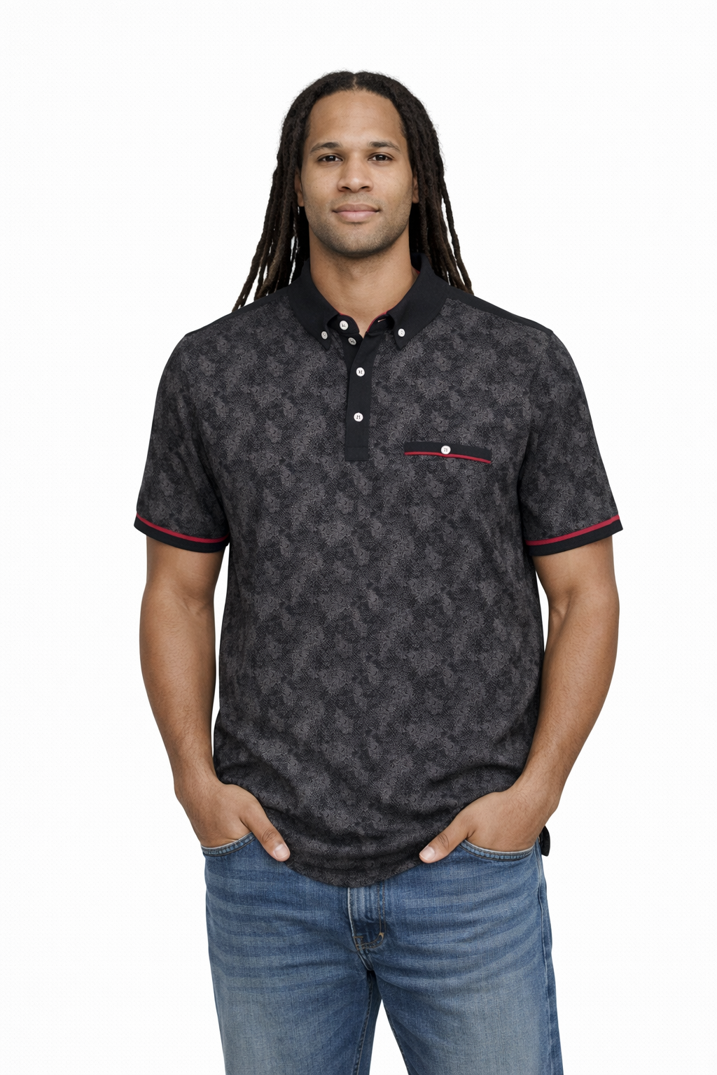 Man wearing a black patterned polo shirt with a red accent on a white background
