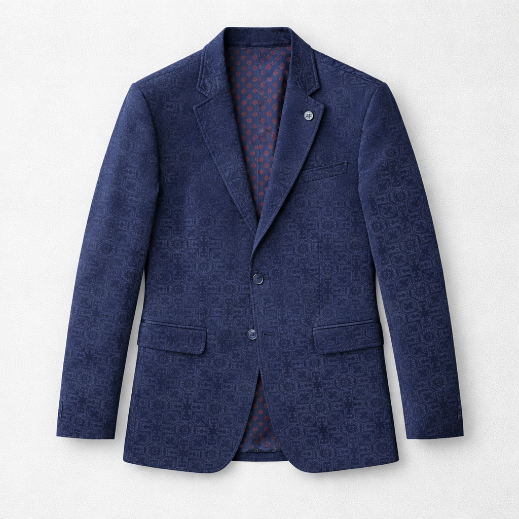 Blue blazer with a patterned shirt underneath on a white background