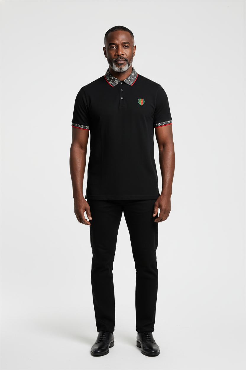 Man wearing a black polo shirt with a logo on a white background