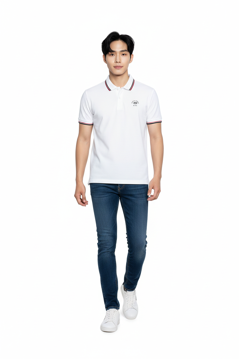 Man wearing a white polo shirt with red and blue trim, dark blue jeans, and white sneakers on a white background