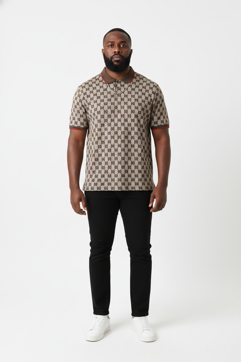 Man wearing a patterned shirt and black pants on a white background