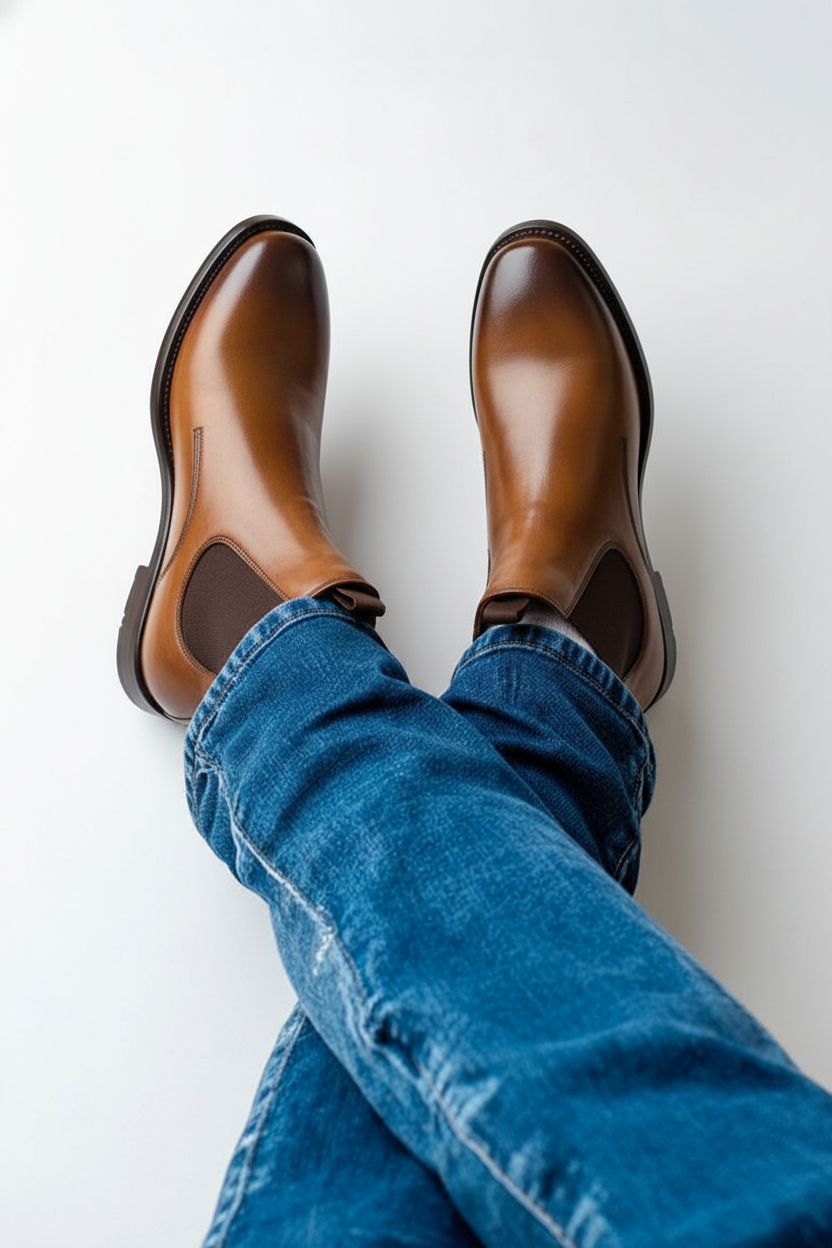 Brown leather shoes and blue jeans on a white background