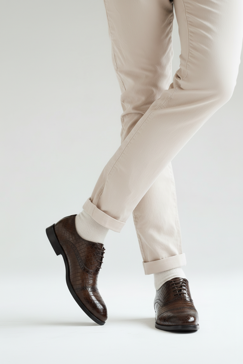 Brown dress shoes and beige pants on a white background