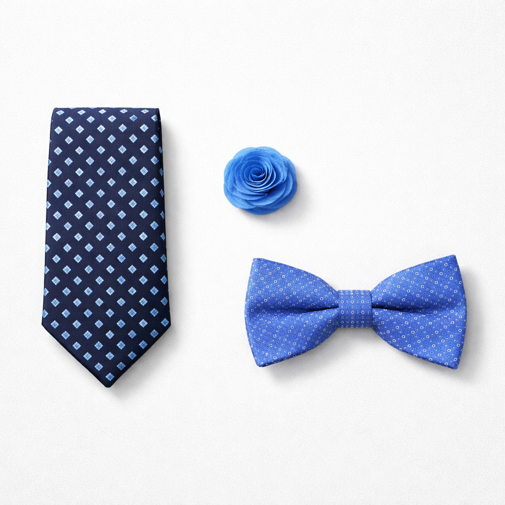 Blue patterned tie, bow tie, and flower on a white background