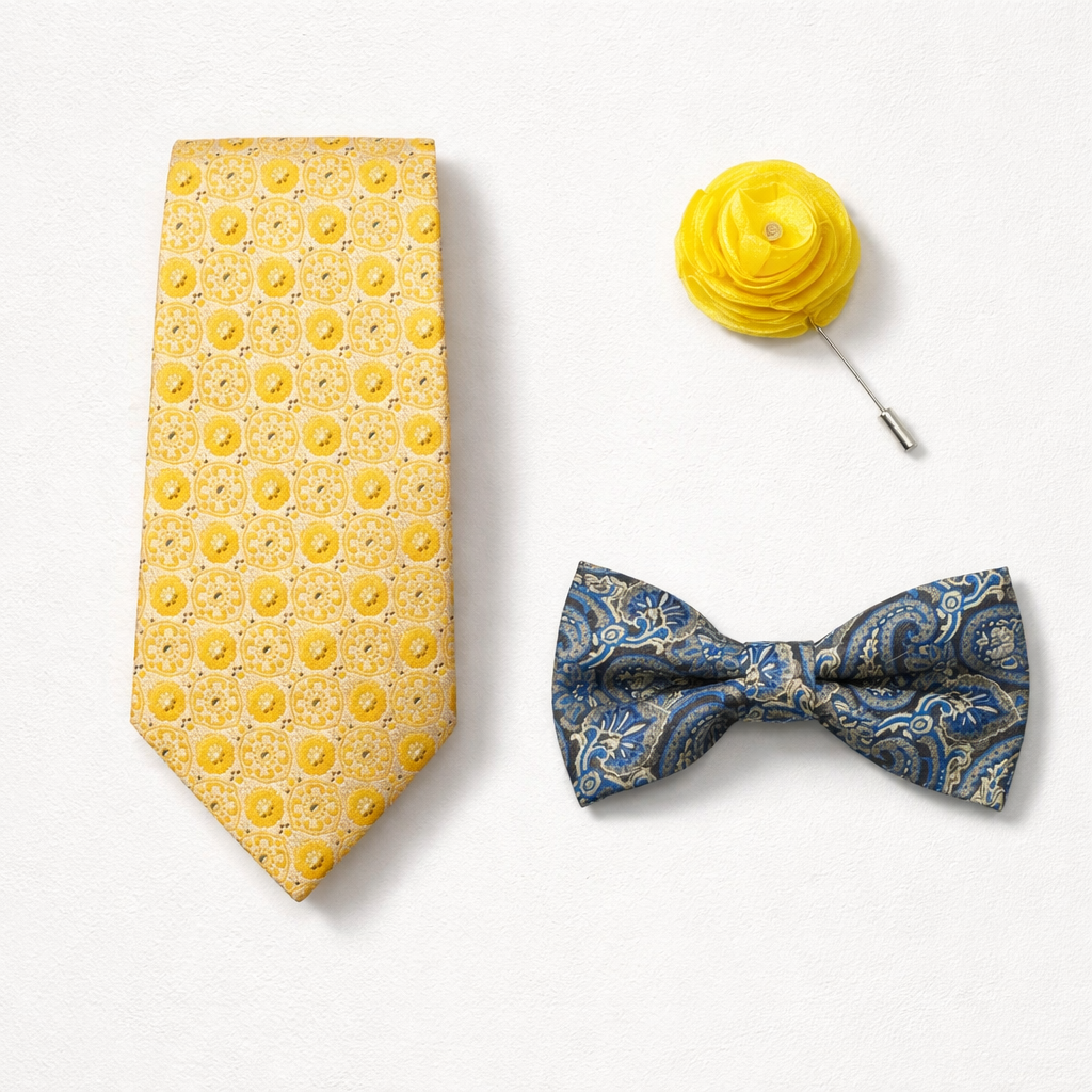 Yellow patterned tie, blue paisley bow tie, and yellow flower lapel pin on a white background